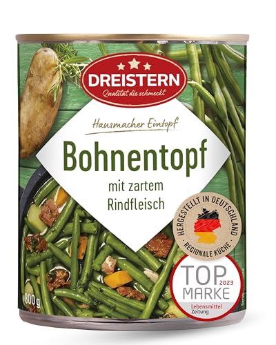 DREISTERN Bohnentopf 800g I Mit zartem Rindfleisch & Gemüse I Herzhafter Eintopf in recyclebarer Konservendose I Lange Haltbarkeit dank natürlicher Konservierung I Hausmacher Qualität