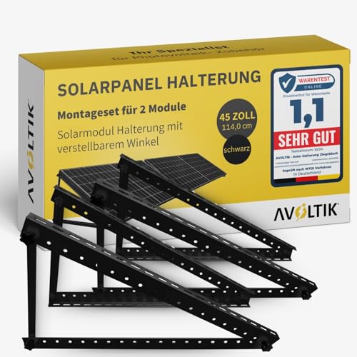 Avoltik 2x Solarpanel Halterung 45 Zoll / 114cm I Solarmodul-Halterung Balkonkraftwerk aus Aluminium in schwarz für 2 Solarmodule I PV-Aufständerung mit verstellbarem Winkel für Dach, Balkon & Boden