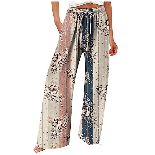 Yoga Hose Damen Sommer,Yoga Kleidung Damen Damen Hose Casual Loose High Waist Cotton Linen Weit Geschnittene Lange Hosen Mit Taschen 7/8 Hosen Damen Sommer Umstandshose Sport (Beige,XL)