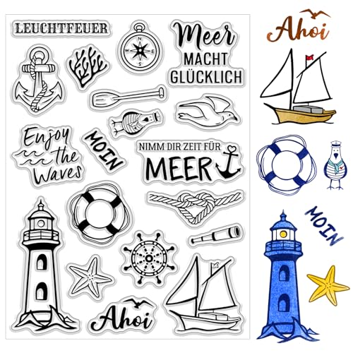 BETESSIN Silikon Stempel Maritime Silikonstempel Leuchtturm Klare Stempel Meer Stempelmotive Clear Stamps Sprüche Deutsch zum Kartenbasteln DIY Scrapbooking Fotoalbum Geschenkanhänger