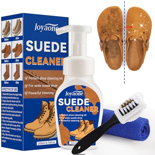 JOYAONE Wildleder-Reiniger, Schuhschaumreiniger 200 ml, sanftes Reinigungsset mit Wildlederbürste, Sneaker-Reiniger für sauberen Schmutz und Flecken, Schuhreiniger für Wildleder, Nubuk, Strick,