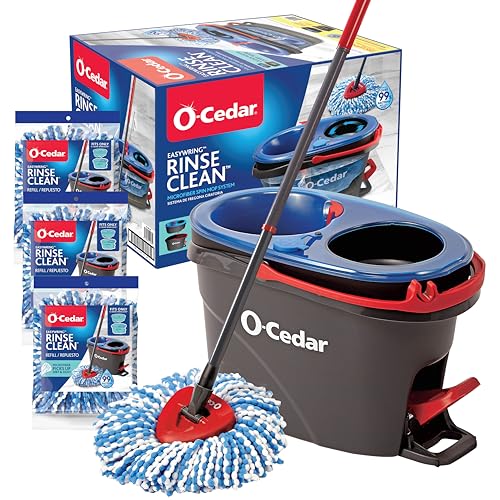 O-Cedar EasyWring RinseClean Mikrofaser-Spin Mop & Eimer Bodenreinigungssystem mit 3 zusätzlichen Nachfüllungen, Kunststoff, Grau