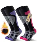 Niorasen 2 Paar Merino Skisocken Herren Damen, Thermo Snowboard Socken, Skistrümpfe mit Polsterung, Wärme Kniestrümpfe für Skifahren, Snowboarden, Outdoor Wintersport, Size M, Rosa Lila