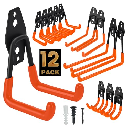 TECHSHARE Wandhaken Garage, 12 Stück Schwerlast Garage Haken, 4 Verschiedene Größen, Doppelte Schwerlasthaken für Gartengeräte, Sportausrüstung, Leiter, Garagenorganisation(Orange Farbe)