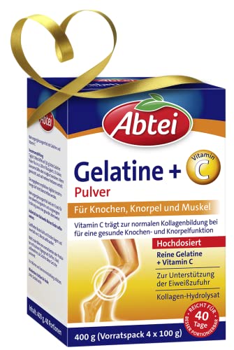 Abtei Gelatine Pulver Plus - reine Gelatine und Vitamin C für Knochen, Knorpel und Muskeln - hochdosiert - 400 g (4 x 100 g) - Vorratspack für 40 Tage