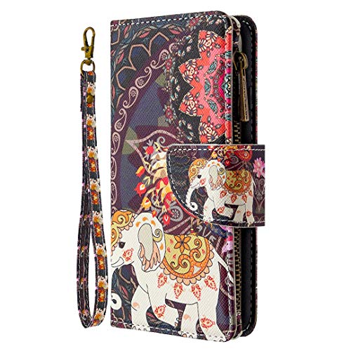 Nadoli Reißverschluss Brieftasche Etui für Samsung Galaxy A82 5G,Bunt 9 Karte Halter Pu Leder Blumen Elefant Entwurf Lanyard Magnetisch Standfunktion Schutzhülle