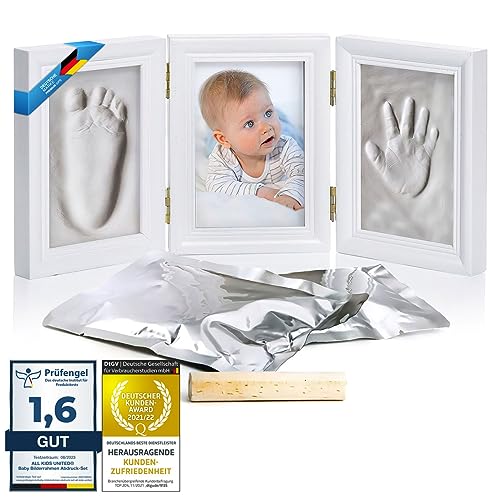 all Kids United® Baby Bilderrahmen Abdruck-Set - Gips-Abdruck Fotorahmen für Hand-Abdruck, Fuß-Abdruck & Fotos; Geschenk-Set für Geburt, Taufe, Baby-Part uvm. 3-teilig weiß (Gips)