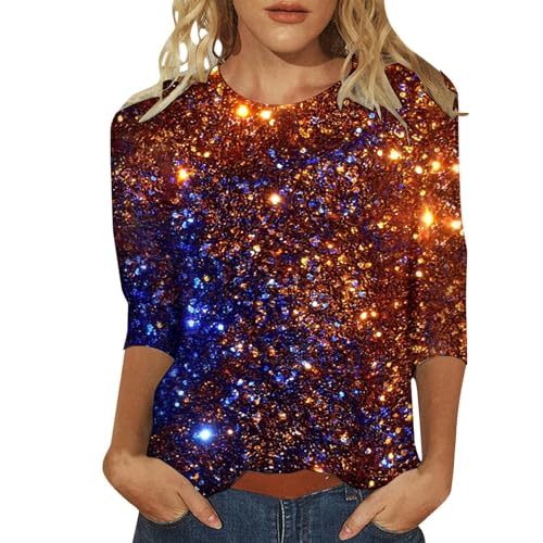 Glitzeroberteil Frauen, Bluse Weihnachten Damen, Blusen Funkelndes Druck 3/4 Ärmel Festliches Oberteil Sexy Glitzeroberteil Mode Tops Vintage Faschingskostüme Silvester Geschenke