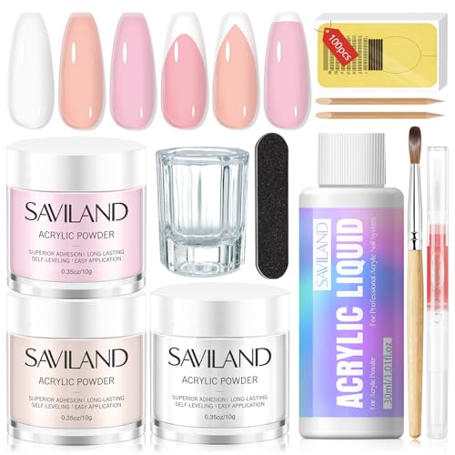 Saviland Acryl Nagelset für Nägel - 3 Farben Acrylpulver und Acryl Liquid Acrylflüssigkeit Set mit Acrylnagelpinsel Nagelhautöl zum Acrylauftragen Professionelles Acrylset mit Allem für DIY Acrylnägel