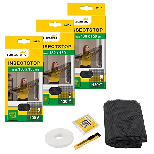 Schellenberg 3er Spar-Pack 50715 Fliegengitter für Fenster Insektenschutz und Mückenschutz inkl. Klebestreifen, ohne Bohren, 130 x 150 cm, anthrazit