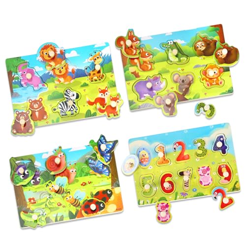 4 Stück Kleinkind Puzzle Spielzeug Set, Montessori-Spielzeug mit Tierthema Griff Holzpuzzle, Kinderspielzeug Motorikspielzeug Steckpuzzle Lernspielzeug, Feinmotorik, Geschenke für 1 2 bis 3 Jahre alt