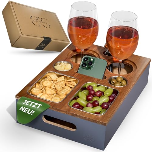 Cascalino's® Couchbar Snackbox mit 2+2 Snackschalen aus Edelstahl - Sofatablett aus Holz | Sofa Organizer mit Getränkehalter | Couch Tablett Holz, Couch bar, Sofa Butler, Couch Organizer, Tablett