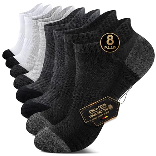 EKSHER Sneaker Socken Herren 43-46 Damen Cushioned Sportsocken Herren Damen Kurze Laufsocken Frotteesohle Baumwolle Halbsocken Atmungsaktive 8 Paar Schwarz Weiß Dunkelgrau Hellgrau