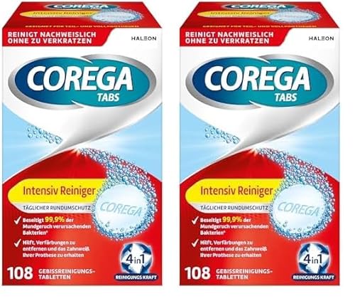 Corega TABS Intensiv Reiniger, 108 Stk., Reiniger Rundumschutz für herausnehmbaren Zahnersatz/dritte Zähne, Gebissreiniger (Packung mit 2)