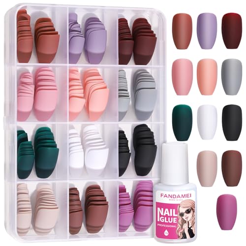 FANDAMEI 12 Farben 288 Stk. Matte Künstliche Nägel zum Aufkleben Mittlere Länge, Coffin Falsche Nägel Gefälschte Nägel, Acryl Nagelspitze, Künstliche Fingernägel Ballerina, mit Nagelkleber