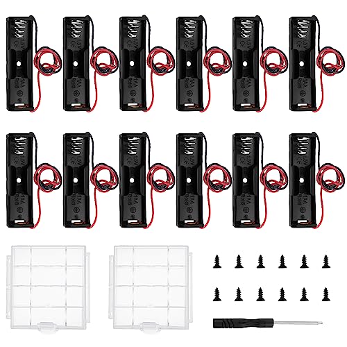 12 Stücke AA-Batteriehalter, KUOQIY 1 x 1.5V AA Kunststoff Batteriehalter mit Drahtkabeln, mit Batteriebox aus Kunststoff und Schraubendreher & Schrauben