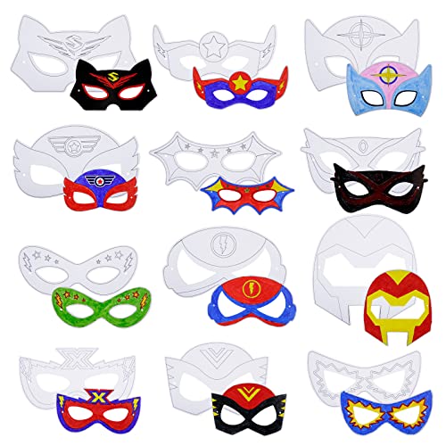 YOLOUP 24 Stück Blanko Superhelden Bemalen Masken Superhero Maske zum Ausmalen Super Helden Cosplay Halbmasken mit Pinsel & Gummiband für Kinder Geburtstag Karneval Halloween Geschenk (12 Stil)