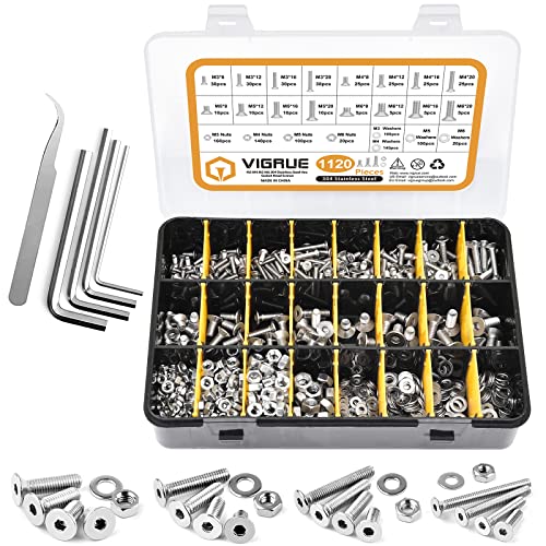 VIGRUE 1120PCS M3 M4 M5 M6 Senkkopfschrauben mit Innensechskant Hex flach-Knopf Schraube Set A2-70Edelstahl Senkkopf Schrauben Muttern und Unterlegscheiben Sortiment mit Schwarz Aufbewahrung Fall Box