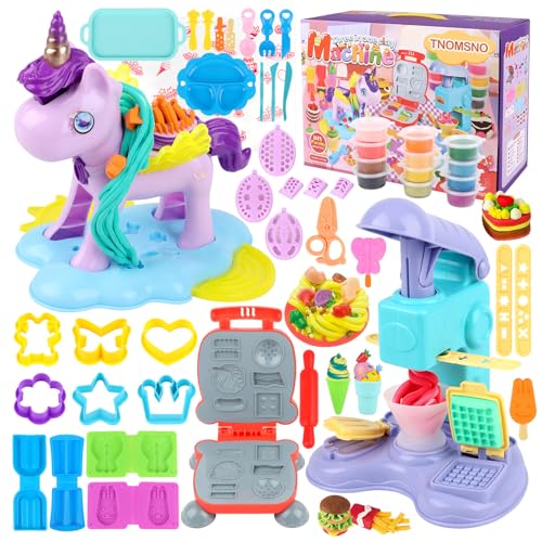TNOMSNO Knete Zubehör Kitchen Creations, 59 Stück Knete Zubehör mit 12 Dosen Knetmasse, DIY 3 in 1 Knete Set mit Knete Eismaschine Hamburgermaschine
