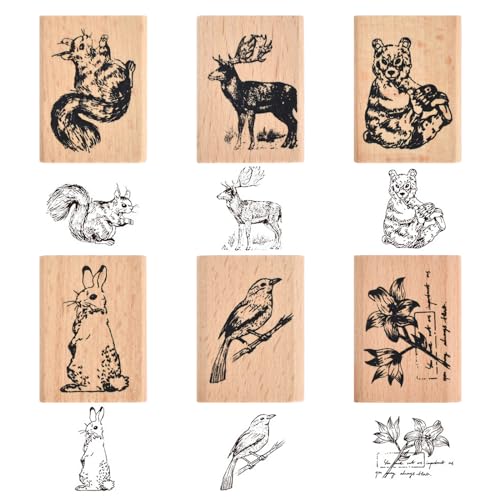 6 Stück Holz Tierstempel, Pflanze Tiere Gummistempel aus Holz, Waldtiere Stempel-Set mit Tiere und Pflanzen-Waldmuster, Süßes Tiere Stempel Vintage für Scrapbooking Bastelmarken Dekorative Siegel