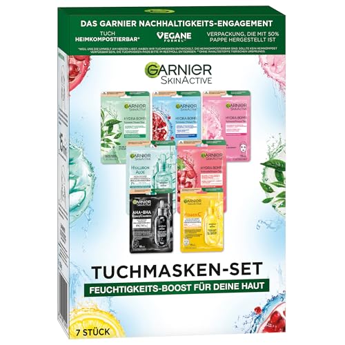 Garnier Tuchmasken Set für jeden Hauttyp, 7 Gesichtsmasken für trockene bis normale Haut, Vegane Formel mit Hyaluronsäure, Hydra Bomb und Nutri Bomb Maskenset, 7 x 28 g