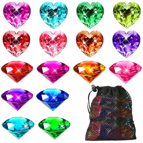 YUNHENTONG Tauchjuwelen für Kinder, 16 Stück 4cm Tauch Edelsteine Pool Spielzeug, Herzform Diamantform Tauchsteine Groß, Bunt Edelsteine Set für Pool Tauchen Spielzeug, Schnitzeljagd