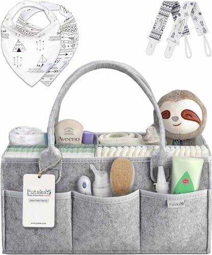 PUTSKA Windelorganizer Baby Windelcaddy Filztasche tragbar mit verstellbaren Fächern | Ultra Mobile faltbare Wickeltasche Kinderwagen | Wickeltisch Organizer Wickelkommode Grau 100% Bio Baumwolle