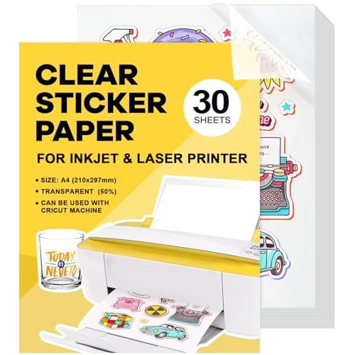 Stickerpapier Papier Zum Bedrucke 30Stk A4 Wasserdicht Bedruckbare Klebefolie Transparent Vinyl Sticker Papier Selbstklebend Für Laserdrucker Tintenstrahldrucker Schnell Trocknen 21 x 29,7 cm