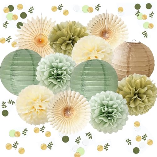 Salbeigrün Gold Party Dekorationen Salbei Gold Creme Seidenpapier Pom Poms Papierlaternen Salbeigrün Konfetti Punkte Streutischdekoration für Hochzeit Verlobung Babyparty Geburtstag Party Dekorationen