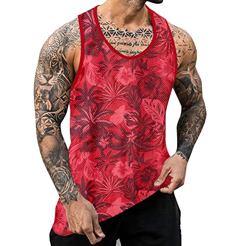 QWUVEDS Mesh Bequemer Druck 3D-Digitaldruck Lässiges, lockeres Herren-Tanktop Tank Top Herren Set Ärmelloses T-Shirt für Herren T-Shirt Sport Herren (Red, XXXL)