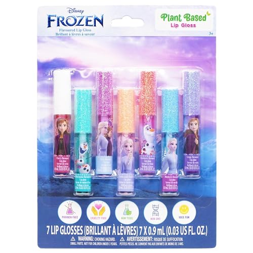 Disney Frozen – Townley Girl Pflanzliches, veganes 7-teiliges Lipgloss-Set mit Geschmack für Mädchen – Ideal für Pyjama-Partys, Umstylings, Partygeschenke und Geburtstagsgeschenke! – Alter: 3+