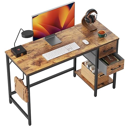 CubiCubi Schreibtisch mit 2 Schubladen und Kopfhörerhaken, 100×50×75cm Kleiner Computertisch, Bürotisch, für Arbeitszimmer, Schlafzimmer, Metallgestell, Vintagebraun