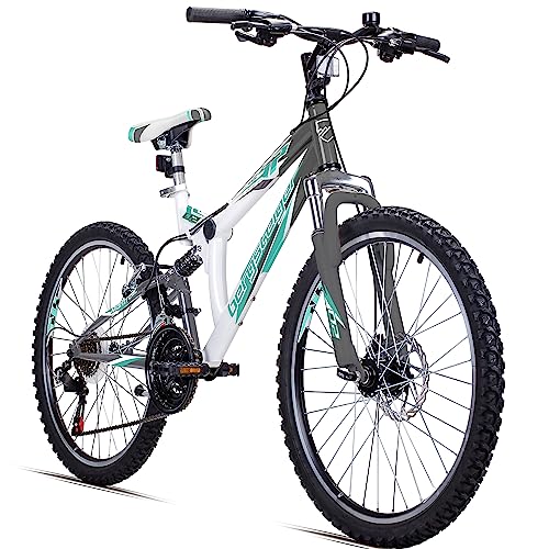 Bergsteiger Montreal 20, 24 Zoll Kinderfahrrad, geeignet für 6,7, 8, 9, 10, 11, 12, 13 Jahre, Shimano 18 Gang-Schaltung, Mountainbike mit Vollfederung, Jungen-Fahrrad, Mädchen-Fahrrad