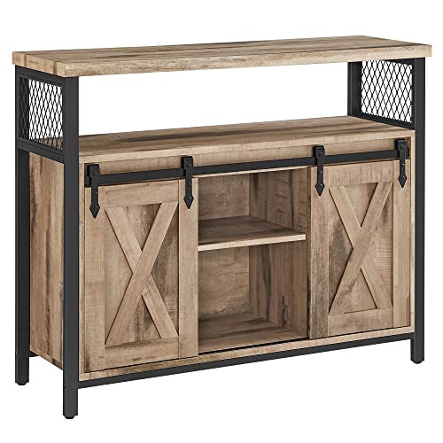 VASAGLE Sideboard, Küchenschrank, Aufbewahrungsschrank, mit 2 Schiebetüren, 33 x 100 x 80 cm, verstellbare Ablagen, Landhausstil, für Wohnzimmer, naturfarben-schwarz LSC092B50