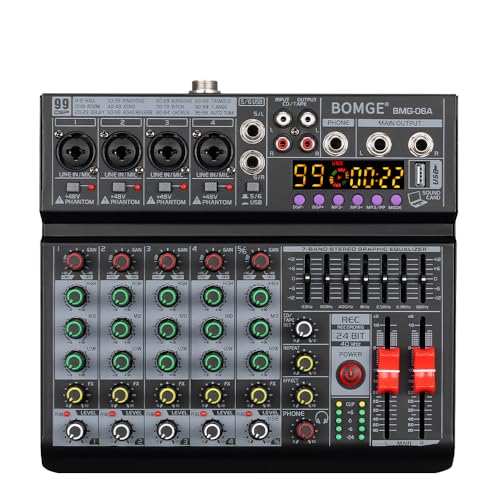 BOMGE 06A Professioneller 6-K-DJ-Audio-Mixer, DJ-Controller-Sound-Mixer mit 99 DSP-Effekten, 7-Band-EQ-unabhängige 48 V Bluetooth-USB-Schnittstelle, Aufnahme für Studio, Bühne, Party, Heimaufnahme