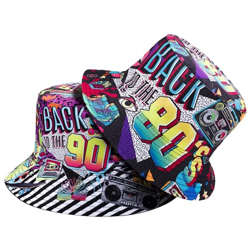 Utensilsto 2 Stück Fischerhüte, Bucket Hat Retro 80er 90er Jahre, Reversibel Fischerhüte, Sommer Fischerhüte für Männer und Frauen, Lustige Disco-Eimerhüte, für Hip-Hop-Party, Sommerreisen