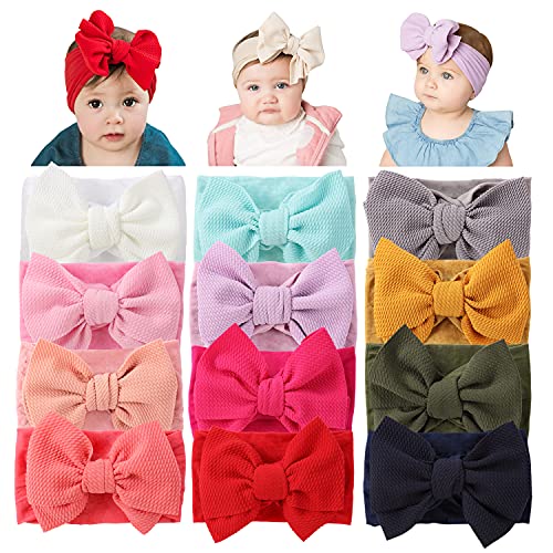 Cinaci 12er-Pack Super dehnbare Nylon-Stirnbänder mit großer Schleife Haarschmuck Headwraps für Babys, Kleinkinder, Kinder