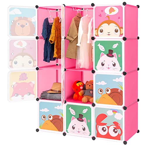 BRIAN & DANY Erweiterbares Kinderregal Kinder Kleiderschrank Stufenregal Bücherregal mit Türen & 2 Aufhängern, tiefere Fächer als normal (45 cm vs. 35 cm), 110 x 47 x 147 cm Rosa