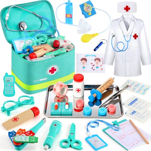 Perbabe Arztkoffer Kinder ab 3 Jahre - 39-teiliges Holzspielzeug Doktorkoffer Mit Echtem Stethoskop Role Play Arztkittel Spielzeug 3 Jahre mit Thermometer Tragbarem Beutel Geschenk für ab 3 4 5 6