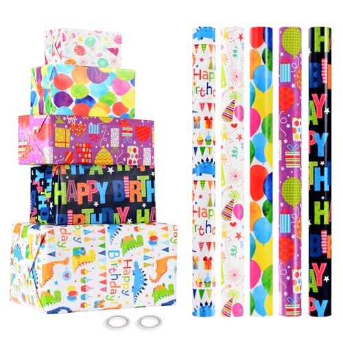 CHEPULA Geschenkpapier Geburtstag Kinder 5 Rollen, 43 cm x 300 cm Geschenkpapierrollen Junge, Recycelbar Geschenk Papier Erwachsene, Birthday Gift Wrapping Paper für alle Geburtstagsanlässe