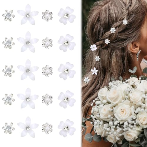 NATOSU 20 Stück Mini-Blumen-Haarspangen, süße Strass-Haarnadeln, kleine dekorative Haarspangen, Hochzeits-Haarspangen, weiße Blumen-Haarspangen, Braut-Haar-Accessoires für Mädchen und Frauen