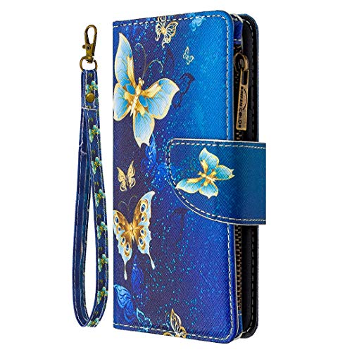 Nadoli Reißverschluss Brieftasche Etui für Xiaomi POCO F3,Bunt 9 Karte Halter Pu Leder Gold Schmetterling Entwurf Lanyard Magnetisch Standfunktion Schutzhülle