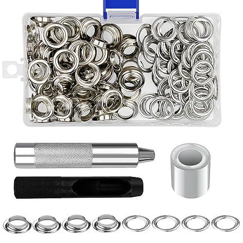Frevoitna Ösen Set, Metallösen für Stoff 12mm, Grommet Werkzeug Kit 100 pcs, Tülle Ösen Scheiben Ösenzange Set und Grommet Ösen mit 3 tlg Werkzeug, für Wasserdichte Planen, Vorhänge, Markisen