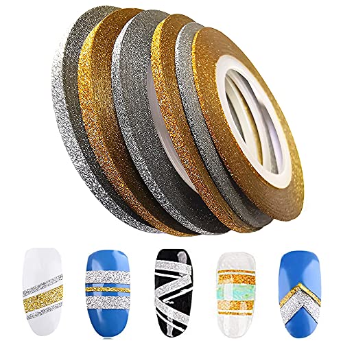 CHANGAR 6 Rollen Glitzer-Gold-Silber-Nagelkunst-Abisolierband, glänzend, matt, Nagelkunst-Dekorationsstreifen, 1 mm, 2 mm, 3 mm, selbstklebende Abziehbilder, Streifen, DIY-Nagelspitze