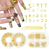 Nayyana 3 Box goldenes Nagel-Charm-Set mit goldenem Kreuz, Stern, Rose und Mond – Y2K 3D-Chrom-Nageldekorationen, Ohrstecker, Nagelkunstzubehör für Nägel, Dekor, Basteln, DIY