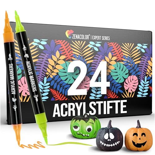 Zenacolor 24 Acrylstifte für Steine wasserfest mit Doppelspitze (feine Spitze und Pinsel) - Acrylstifte verschiedene Oberflächen - Multimarker Acryl