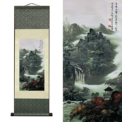 Valart Rollbild aus Seide Asiatisch Wand Dekoration Wasserfall Fluss Landschaft Gemälde - Berg Frühling Herbst Farbe Schön Chinesische Kunstwandrolle Seidenmalerei Orientalisches Dekor(36.2x 12 Zoll)