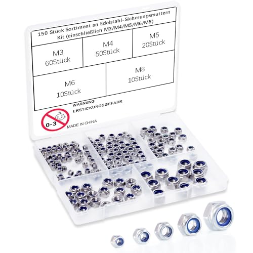 150-teiliges Sortiment an Sicherungsmuttern, M3 M4 M5 M6 M8 Sicherungsmuttern, 304 Edelstahl Nylon-Einsatz Sechskant-Sicherungsmuttern, Sechskant-Antrieb