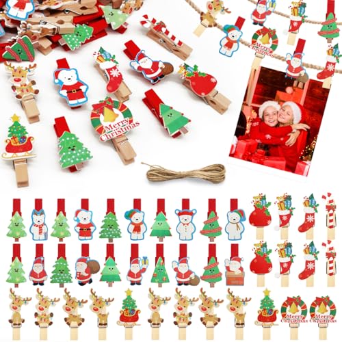 Wäscheklammern Weihnachten 40 Stück,Wäscheklammern Holz,Holzklammern Weihnachten,Mini Wäscheklammern,Klammer Weihnachten,Kleine Holzklammern Weihnachten, für Weihnachtsdeko, Baumschmuck