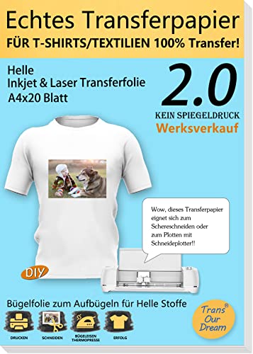 TransOurDream Echte Inkjet/Laser T-Shirt Transferpapier Transferfolie Bügelfolie(durchscheinend Folie),A4X20 Blatt, Tintenstrahldrucker und Laserdrucker für helle Textilien, Aufbügeln(2-20)